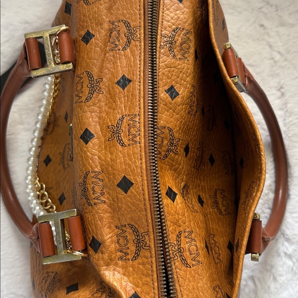MCM Visetos Cognac Monogram Boston Bag with Crossbody Strap and COA - Picture 6 of 14